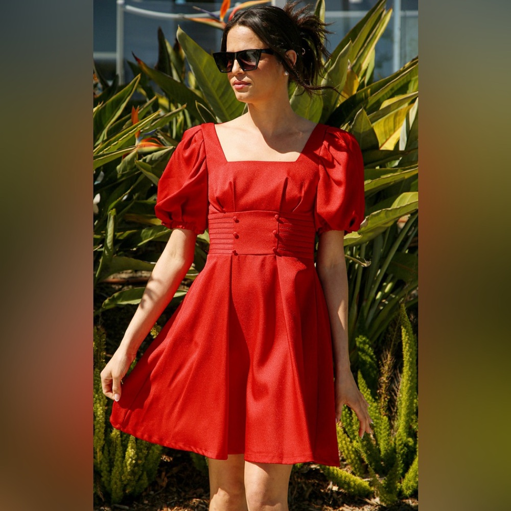 BEULAH STYLE LARGE NEW Barbara Smock Waist Belted Mini Dress Elegant Red Dress